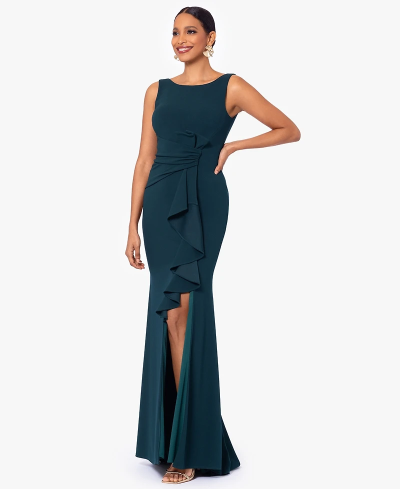 Betsy & Adam Women's Cascading-Ruffle Boat-Neck Gown