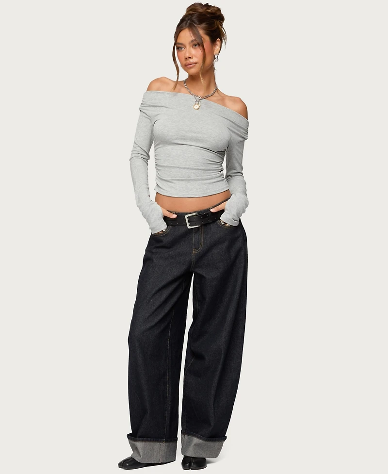 Edikted Women's Milane Ruched Off Shoulder Ribbed Top