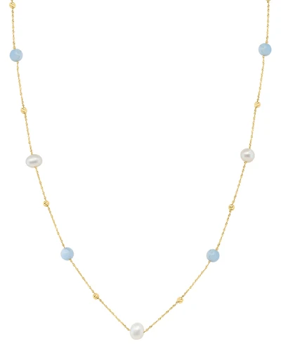 Effy Collection Freshwater Pearl (6.5mm) and Aquamarine Necklace (5-7/9 ct. t.w.) in 14k Yellow Gold