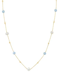 Effy Collection Freshwater Pearl (6.5mm) and Aquamarine Necklace (5-7/9 ct. t.w.) in 14k Yellow Gold