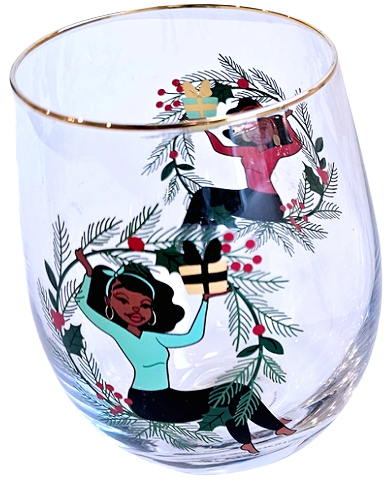 Black Paper Party Shark Tank Holiday Holly Stemless Wine Glasses, Set of 2