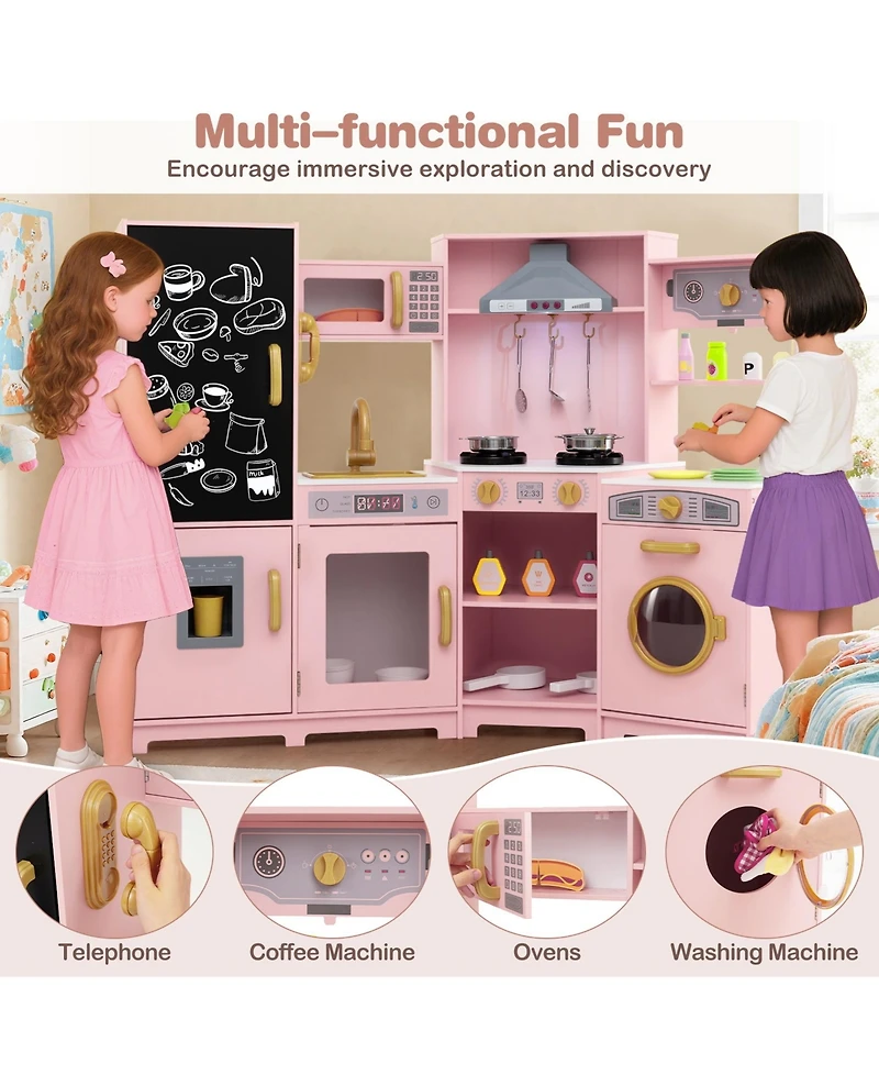 Sugift / Corner design, lights and sounds, large pretend play setup / Wooden Play Kitchen Set