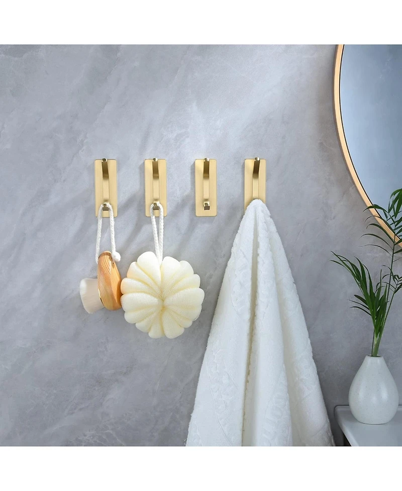 Towel Hooks/Adhesive Hooks - Brushed Gold Wall Hooks for Hanging Coat, Hat, Towel Robe Hook, Bathroom and Bedroom 4-Packs, Stainless Steel