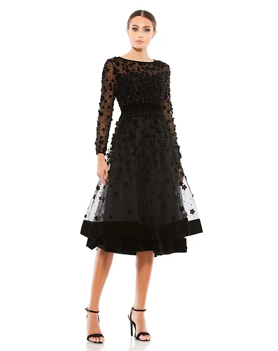 Mac Duggal Women's Embellished Illusion High Neck Long Sleeve Fit & Flare Dress