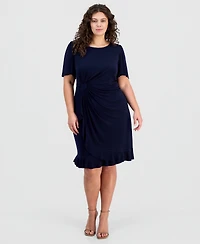 Connected Plus Round-Neck Drape-Front Flutter-Sleeve Dress