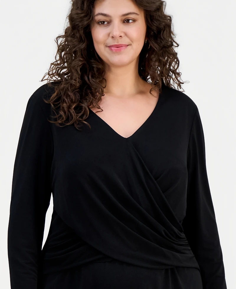 Connected Plus Drape-Front Long-Sleeve Sheath Dress