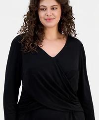 Connected Plus Drape-Front Long-Sleeve Sheath Dress