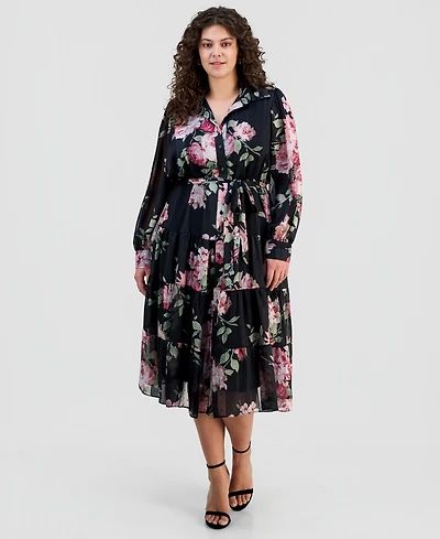 Robbie Bee Plus Floral Jacquard Button-Front Shirtdress