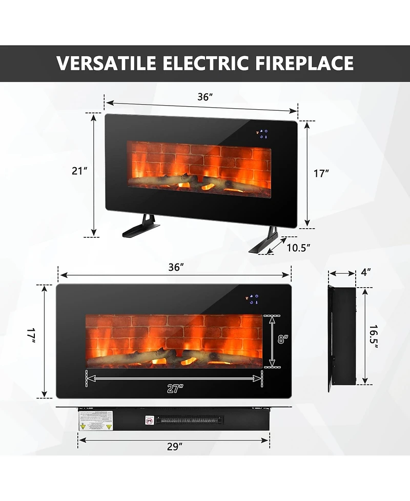 Sugift-36 Inch Electric Wall Mounted Freestanding Fireplace with Remote Control
