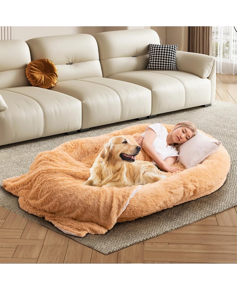Sugift Washable Fluffy Human Dog Bed with Soft Blanket and Plump Pillow-Brown