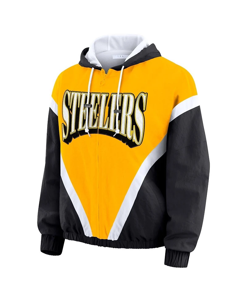 Wear by Erin Andrews Women's Gold/Black Pittsburgh Steelers Retro Crinkle Full-Zip Hoodie Windbreaker