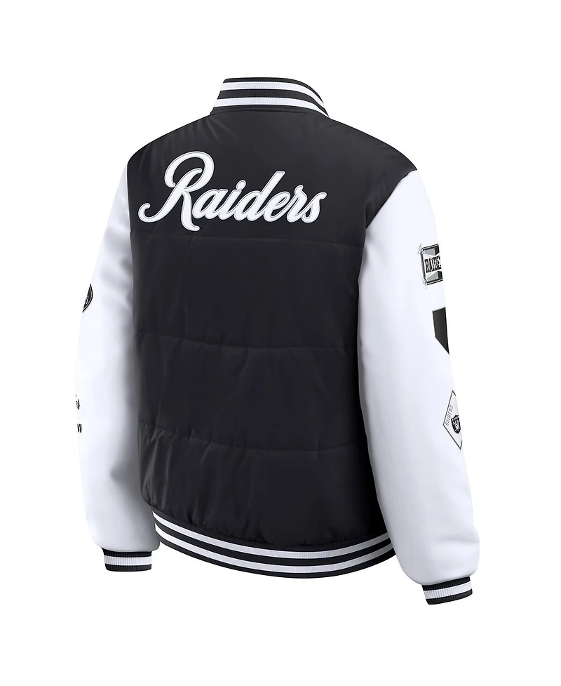 Wear by Erin Andrews Women's Black Las Vegas Raiders Varsity Full-Snap Puffer Jacket