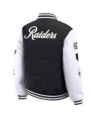 Wear by Erin Andrews Women's Black Las Vegas Raiders Varsity Full-Snap Puffer Jacket