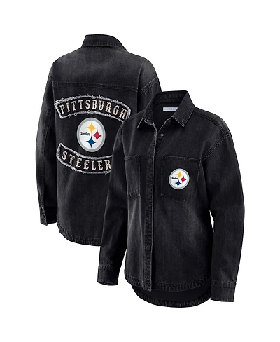 Wear by Erin Andrews Women's Black Pittsburgh Steelers Washed Oversized Denim Full-Snap Shacket
