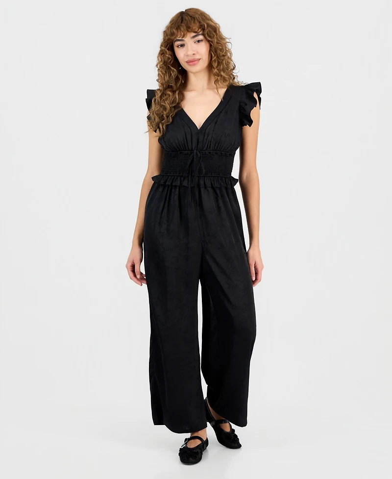 And Now This Petite Jacquard Smocked-Waist Ruffle Jumpsuit, Macy's Exclusive