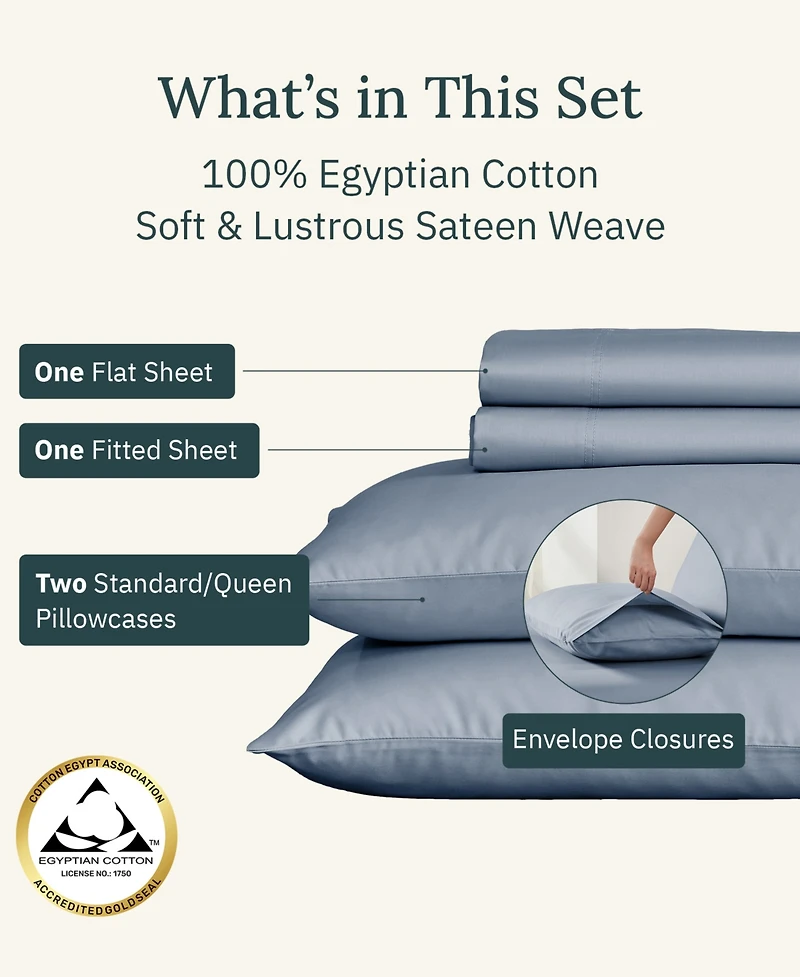 California Design Den Certified Luxury 100% Egyptian Cotton Sheets, Full Sheets for Bed, 4 Piece Deep Pocket Bed Set, Sateen Cooling