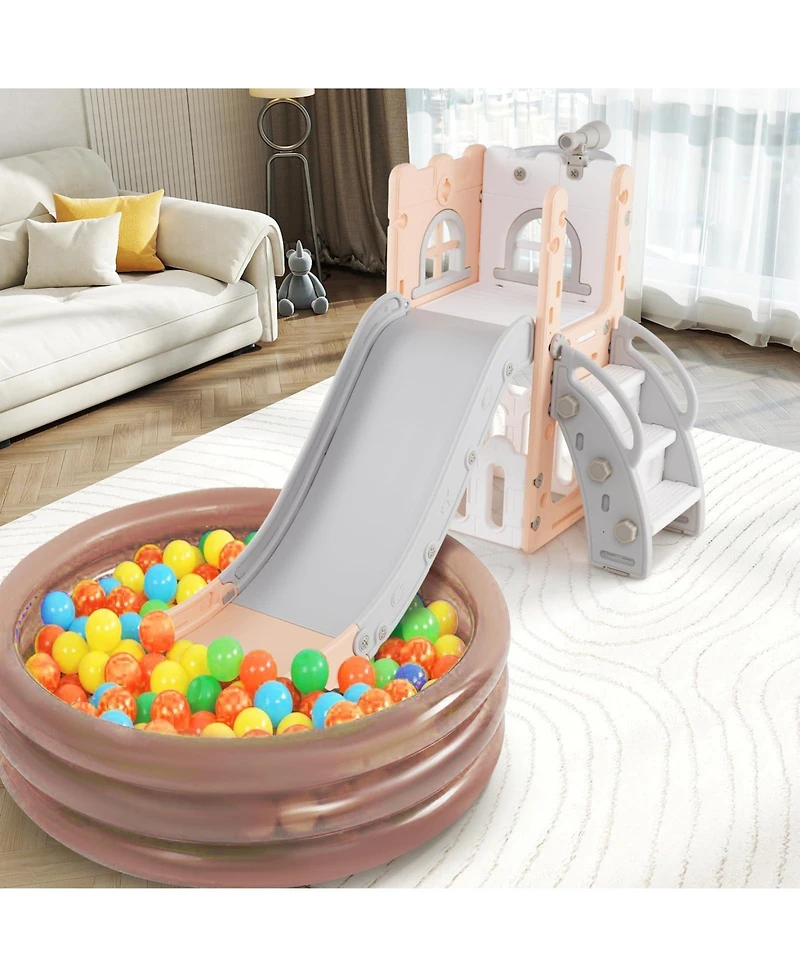 Mecale 6-in-1 Toddler Slide L-shaped Playground with Basketball Hoop and Ladder