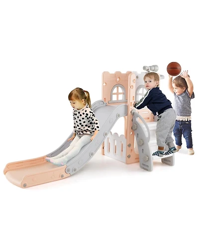 Mecale 6-in-1 Toddler Slide L-shaped Playground with Basketball Hoop and Ladder