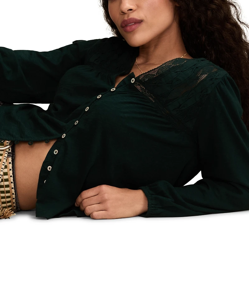 Lucky Brand Women's Lace Yoke Peasant V-Neck Top