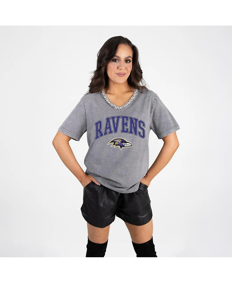 Gameday Couture Women's Gray Baltimore Ravens Relaxed Iconic Edge Rhinestone V-Neck T-Shirt