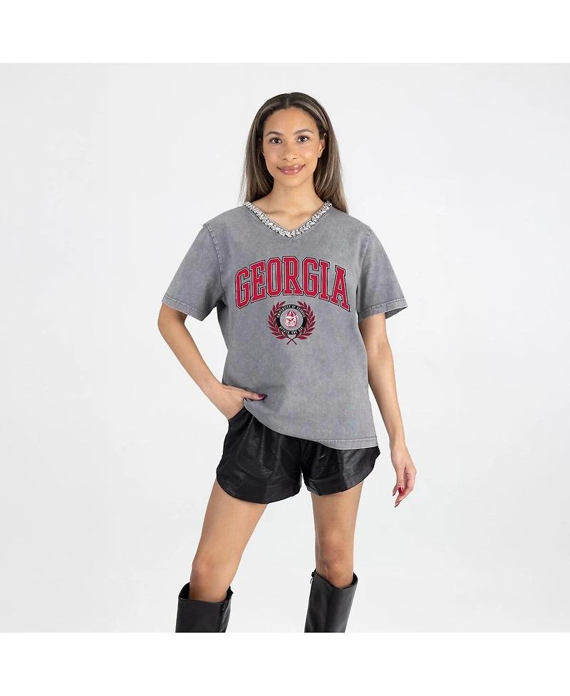 Gameday Couture Women's Gray Georgia Bulldogs Iconic Edge Rhinestone V-Neck T-Shirt