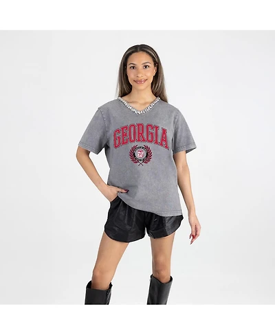 Gameday Couture Women's Gray Georgia Bulldogs Iconic Edge Rhinestone V-Neck T-Shirt