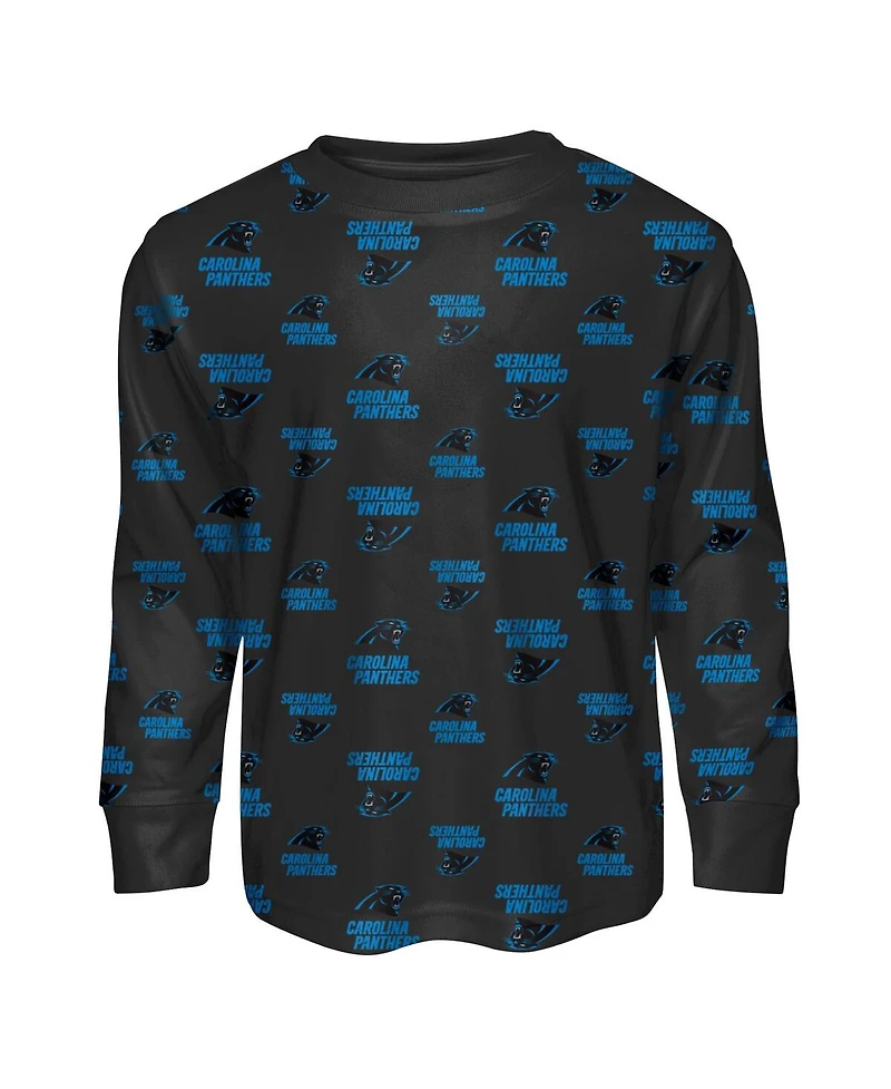 Outerstuff Preschool 2-Piece Black Carolina Panthers All-Over-Print Long Sleeve T-Shirt and Pants Sleep Set