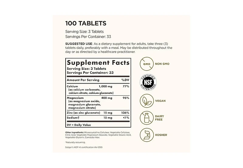 Solgar Calcium Magnesium Plus Zinc Tablets, 100 Tabs
