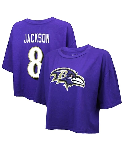 Majestic Threads Women's Lamar Jackson Purple Baltimore Ravens Swarovski Crystals Boxy Cropped Name Number T-Shirt