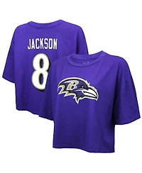 Majestic Threads Women's Lamar Jackson Purple Baltimore Ravens Swarovski Crystals Boxy Cropped Name Number T-Shirt
