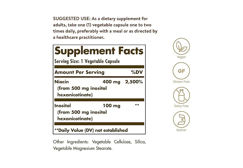 Solgar No-Flush Niacin (Vitamin B3) (Inositol Hexanicotinate) ,500 mg ,250 V Caps