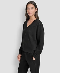 Dkny Women's Allover Stack Rhinestone V-Neck Sweatshirt