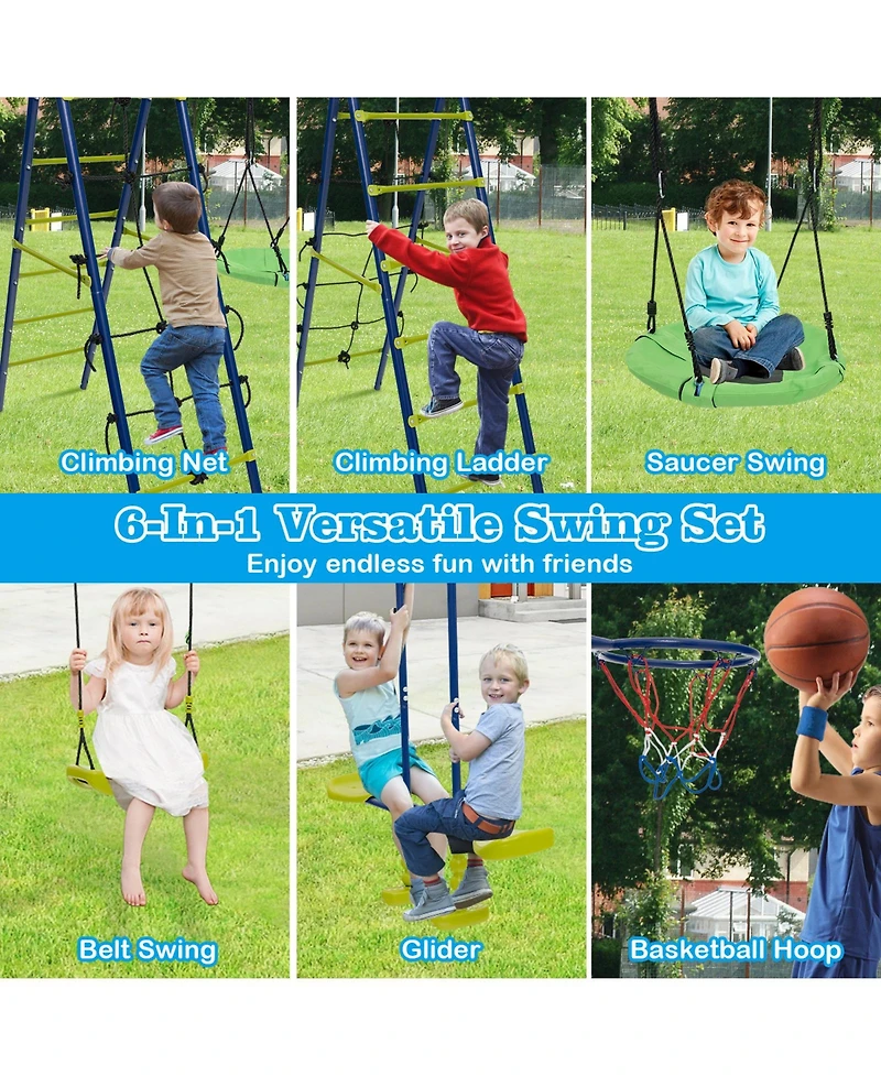 Skonyon 550 Lbs 6-in-1 Patio Kids Swing Set with Climbing Net and Ladder