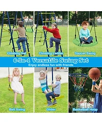 Skonyon 550 Lbs 6-in-1 Patio Kids Swing Set with Climbing Net and Ladder