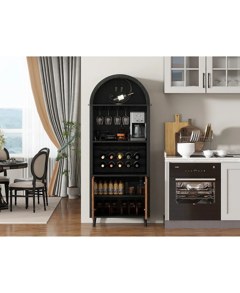 Casainc 71" Farmhouse Arched Wine Bar Cabinet with Wine Rack, Glass Holder, Whiskey Station for Living & Dining Rooms