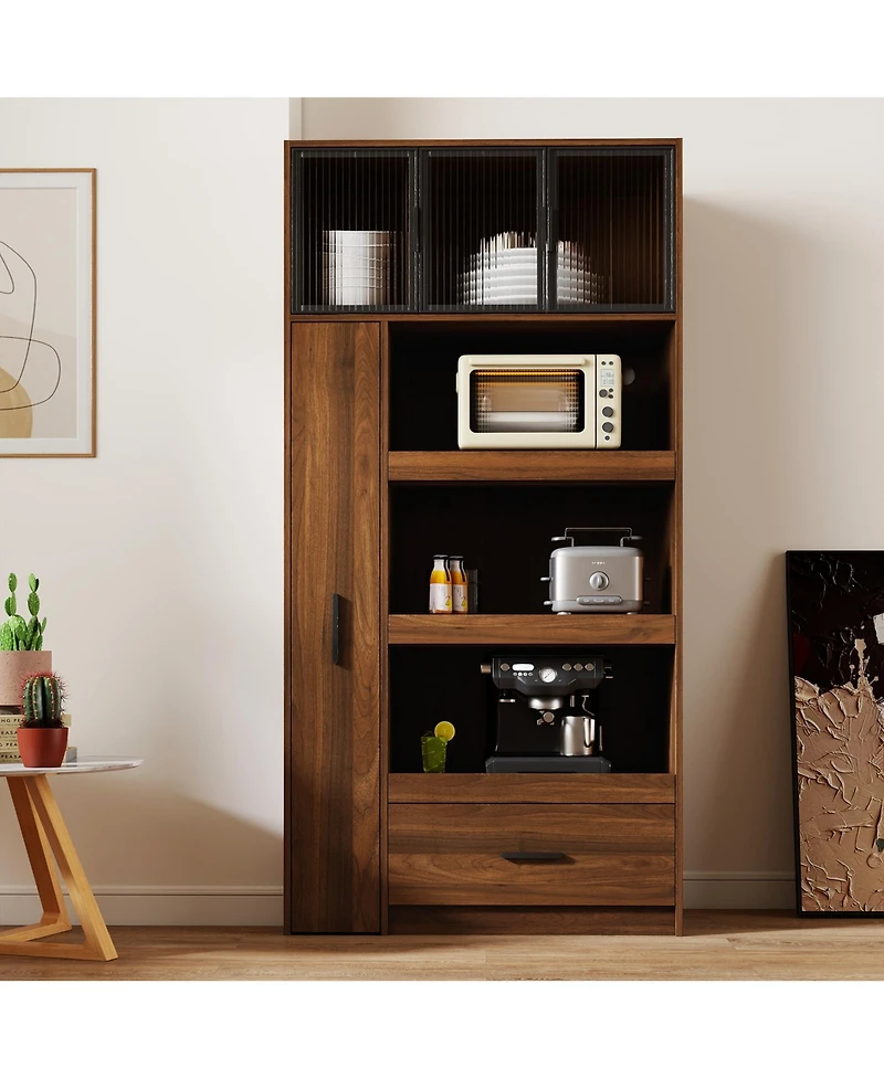 Casainc 70.87" Tall Kitchen Pantry Cabinet with Pull-Out Multi-Tier Shelf, 1 Drawer, Aluminum Frame Glass Door, Freestanding Storage