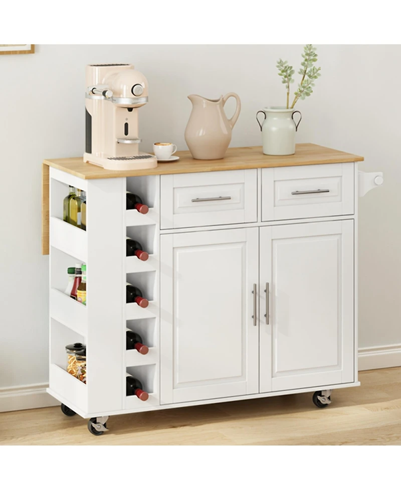 Casainc Multi-Functional Kitchen Island Cart with 2 Door Cabinet and Two Drawers,Spice Rack, Towel Holder, Foldable Top