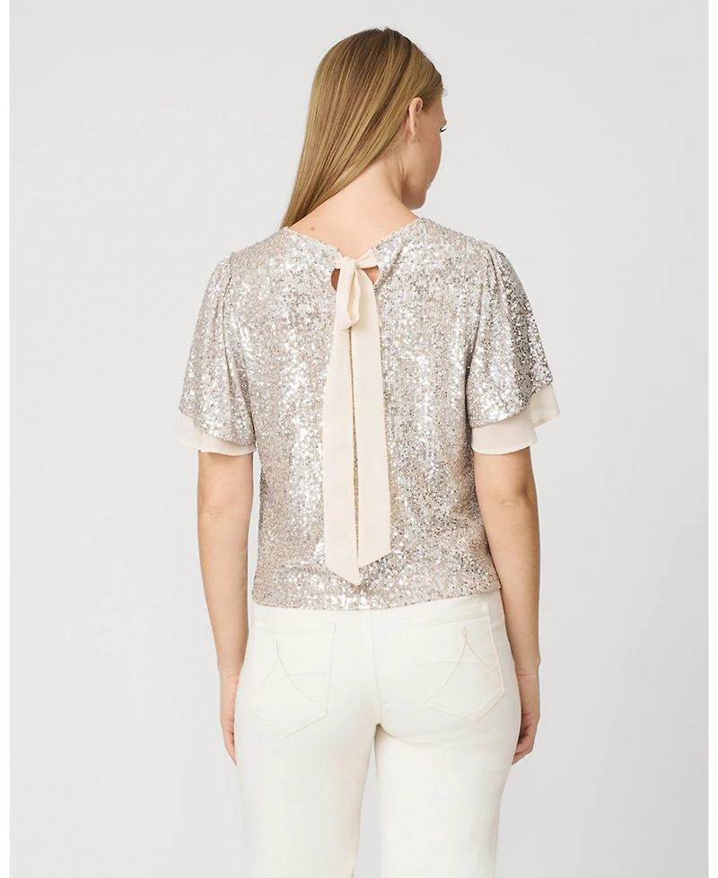Cable & Gauge Women's Tops Tees Sequin Flutter Sleeve Top