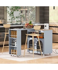 Casainc Rolling Kitchen Island with Extended Table, Led Lights, Power Outlets, 2 Fluted Glass Doors, Storage Compartment and 3 Open Side Shelves