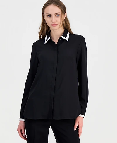 Anne Klein Petite Collared Long-Sleeve Blouse