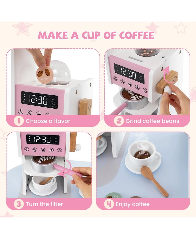 Skonyon Corner Wooden Play Kitchen with Coffee Machine and Slide for Kids-Pink