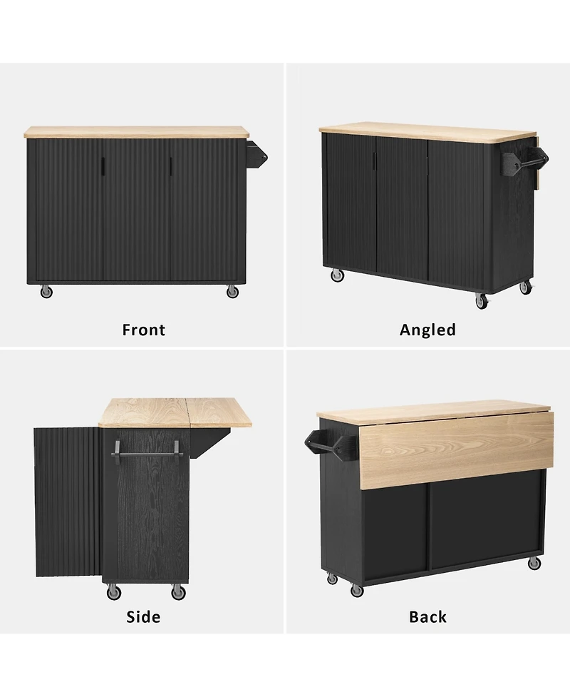 Casainc 51" Fluted Kitchen Island with Drop Leaf, Rolling Cart Internal Storage Rack and Towel Holder