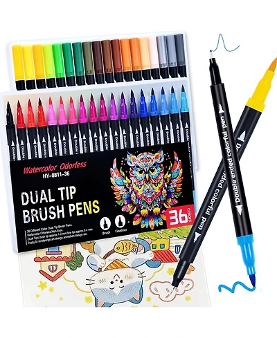 Htutwoo 36 Colors Brush & Fine Dual Tip Art Markers Set, Water Based Marker for Painting, Calligraphy, Doodling Journal