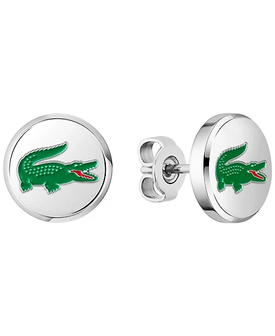 Lacoste Men's Arthor Silver-Tone Stainless Steel with Enamel Crocodile Stud Earrings