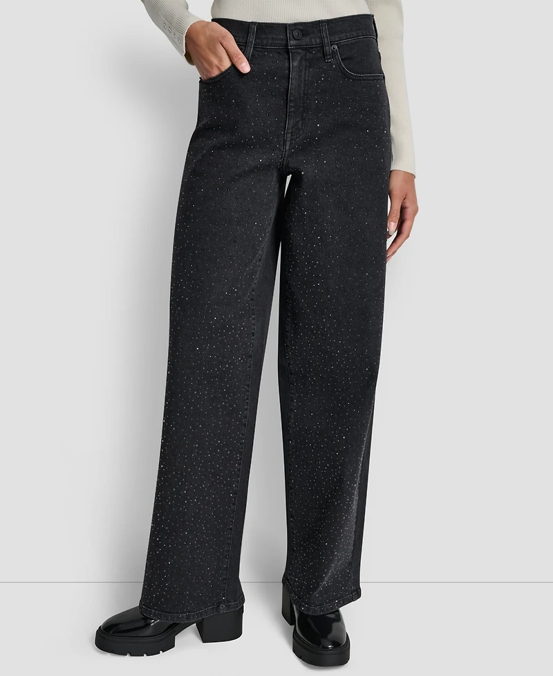Dkny Jeans Women's Rhinestone High-Rise Wide-Leg