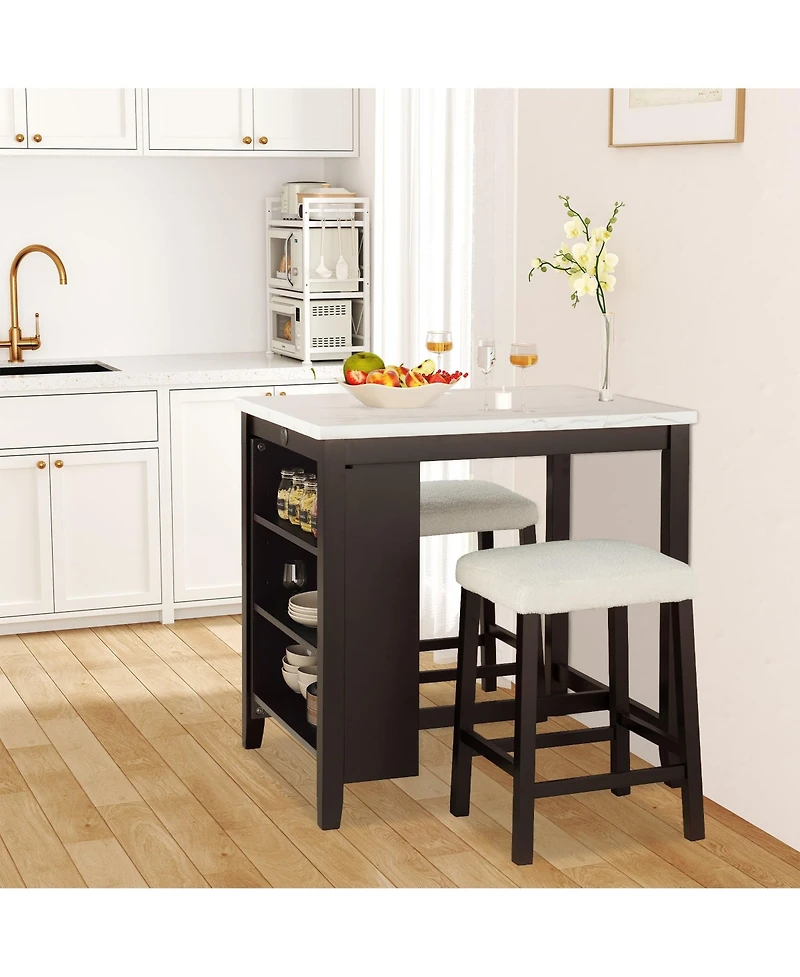 Clihome Transitional 3-Piece Dining Set with Gloss Tabletop, Storage Shelves, Usb Ports & 2 Upholstered Stools – Black/Ivory