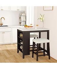 Clihome Transitional 3-Piece Dining Set with Gloss Tabletop, Storage Shelves, Usb Ports & 2 Upholstered Stools – Black/Ivory