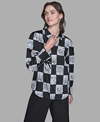Karl Lagerfeld Paris Women's Printed Collared Long-Sleeve Blouse