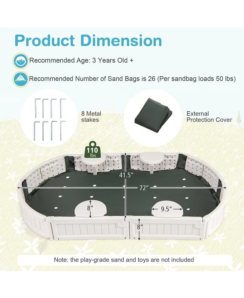 Skonyon 6 Feet Kids Oval Sandbox with Built-in Corner Seat and Bottom Liner