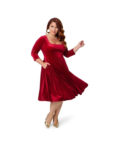 Unique Vintage Plus Size Square Neck Pleated Swing Dress